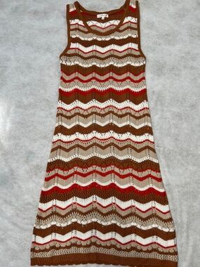 Ultra Flirt Midi 70s Colorway Chevron Crochet Boho Knit Beachwear Dress Sz L